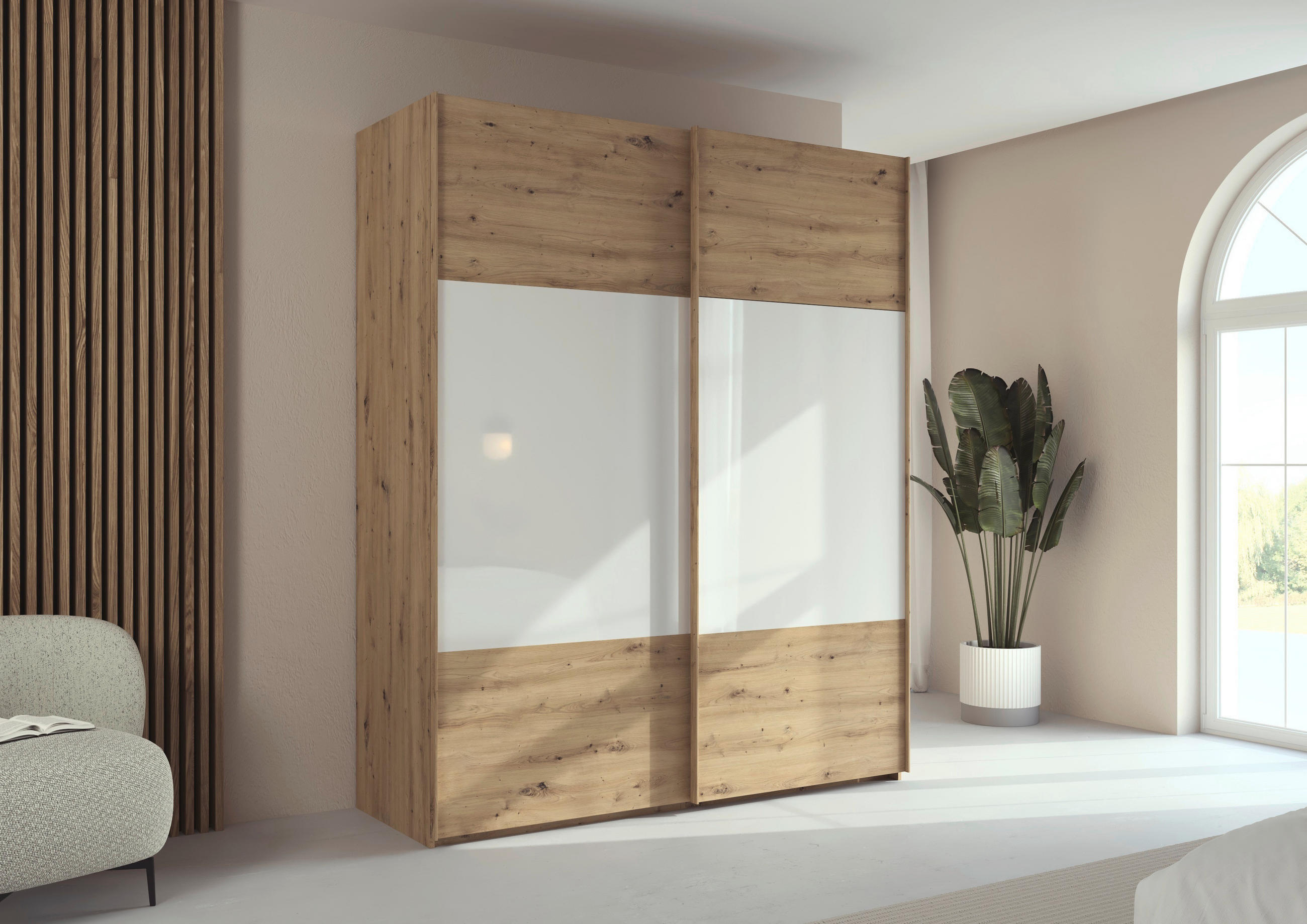SCHWEBETÜRENSCHRANK 181/223/68 cm 2-türig Weiß, Eiche Artisan  - Eichefarben/Weiß, Design, Glas/Holzwerkstoff (181/223/68cm) - Xora
