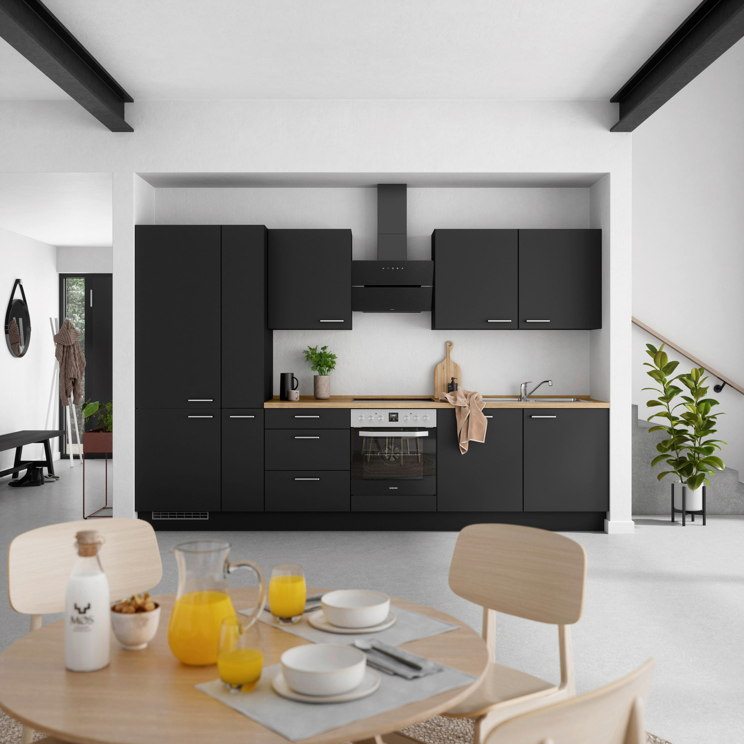 KÜCHENBLOCK 330 cm   in Schwarz, Eichefarben  - Edelstahlfarben/Eichefarben, MODERN, Holzwerkstoff/Metall (330cm) - Nobilia