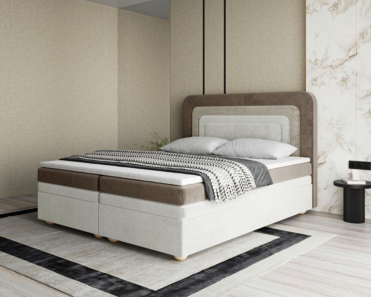 BOXBETT 160/200 cm,  in Braun, Beige, gepolstertes Kopfteil, Bettkasten, Topper,  - Beige/Bronzefarben, MODERN, Holz/Kunststoff (160/200cm) - MID.YOU