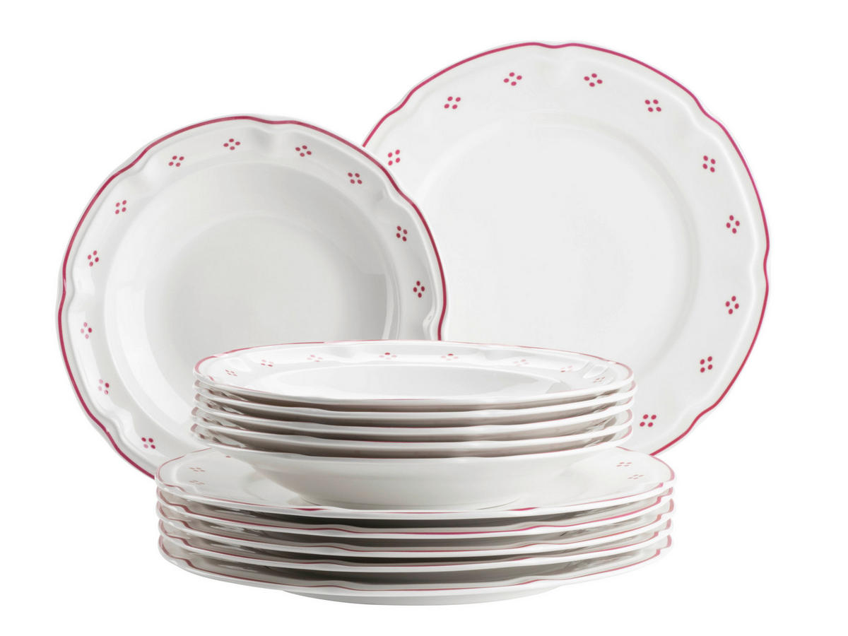 TAFELSERVICE LOVA 12-teilig  - Weiss/Rot, Basics, Keramik - Mäser