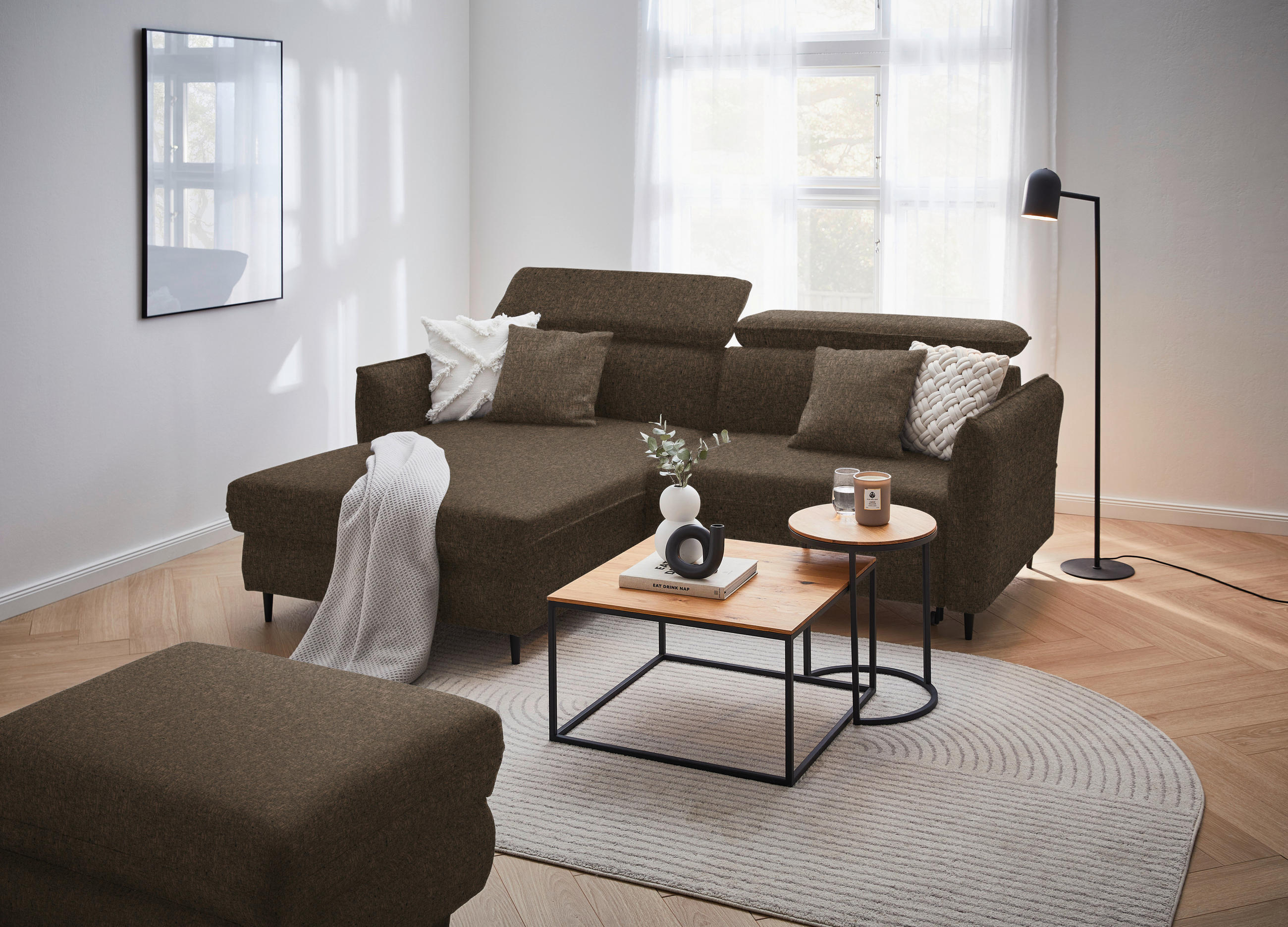 ECKSOFA inkl. Funktionen Dunkelbraun Samt  - Dunkelbraun/Schwarz, Design, Holz/Textil (185/232cm) - Stylife