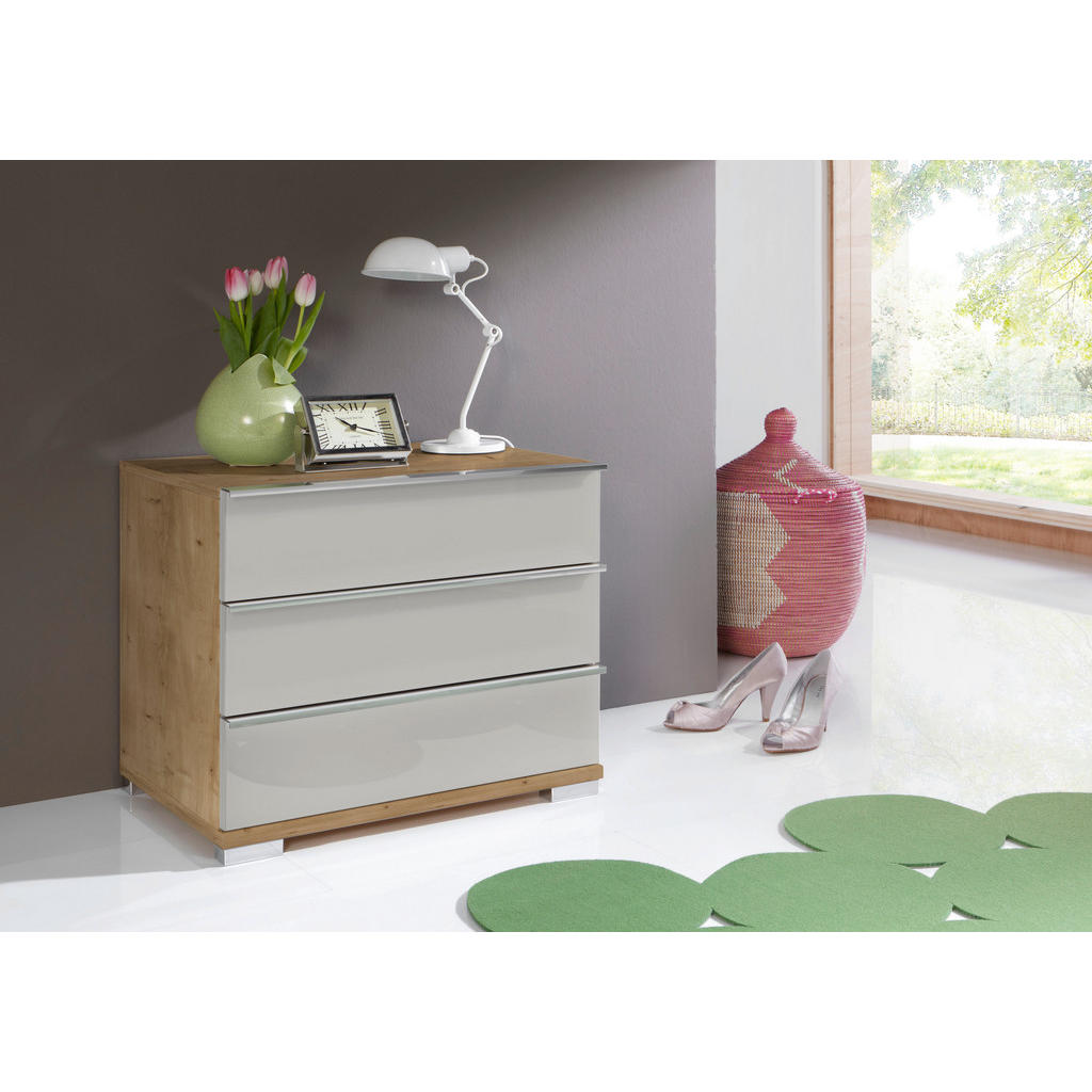 Thumbnail - Venda Nachtschrank, Weiß, Eiche Bianco, Metall, 3 Schubladen, 60x53x42 cm, Goldenes M, Made in Germany, Typenauswahl, So...