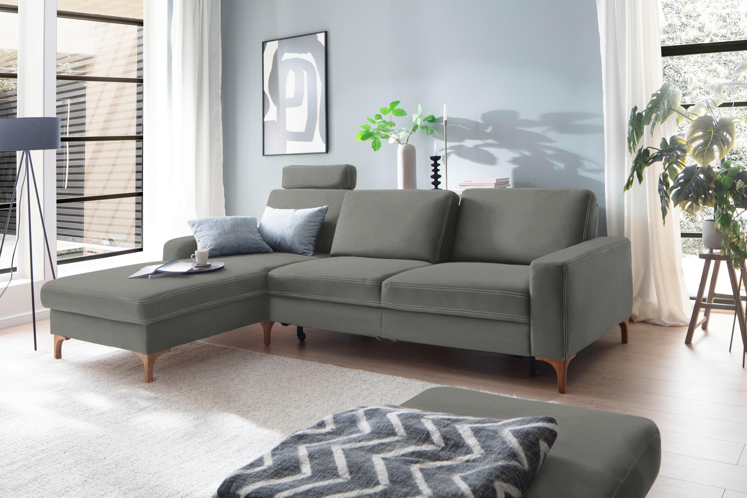 ECKSOFA in Mikrofaser Hellgrau  - Eichefarben/Beige, Design, Holz/Textil (185/278cm) - Pure Home Lifestyle