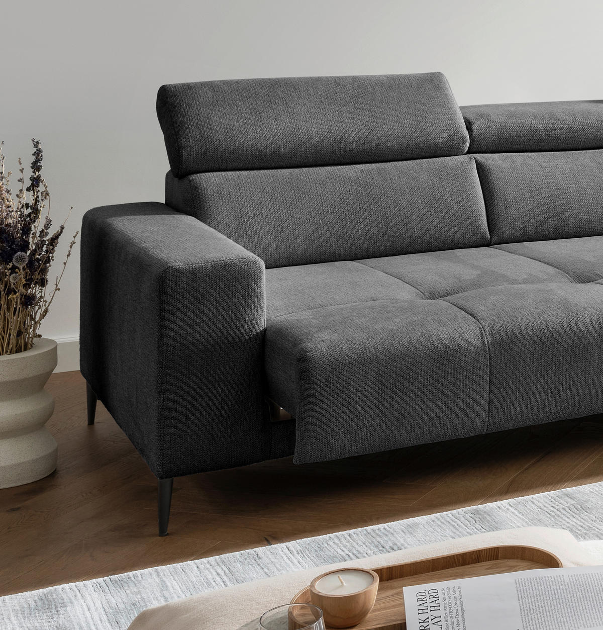 ECKSOFA INTERA Anthrazit Chenille Kopfteilverstellung, Sitzvorzug  - Anthrazit/Schwarz, KONVENTIONELL, Textil/Metall (305/225cm) - Livetastic