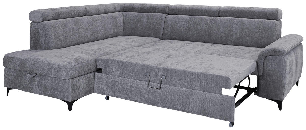 ECKSOFA Hellgrau Chenille Bettkasten, Schlaffunktion, Rücken echt, Kopfteilverstellung, Liegefläche im Originalstoff  - Hellgrau/Schwarz, KONVENTIONELL, Textil/Metall (206/265cm) - Carryhome