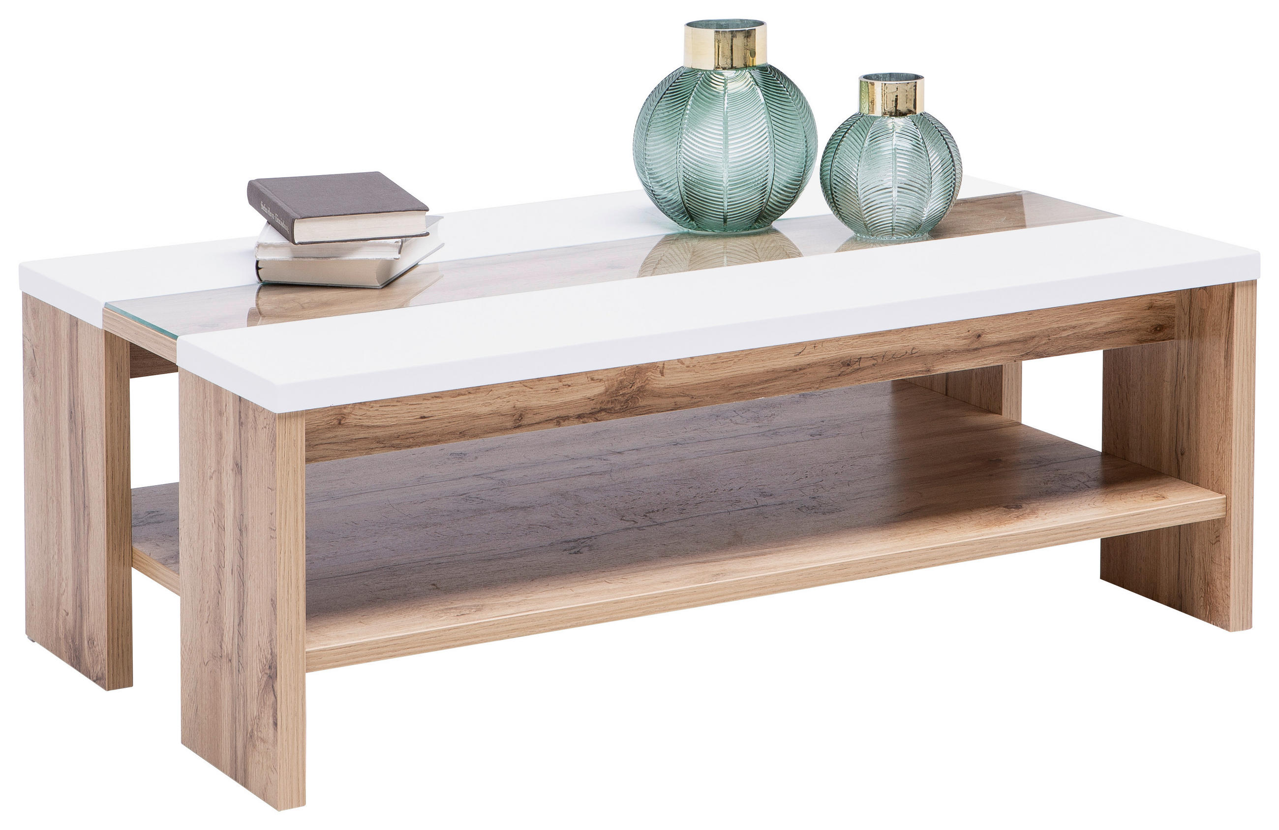 COUCHTISCH 110/65/40 cm rechteckig Weiß, Eichefarben  - Eichefarben/Weiß, KONVENTIONELL, Glas/Holzwerkstoff (110/65/40cm) - Hom`in