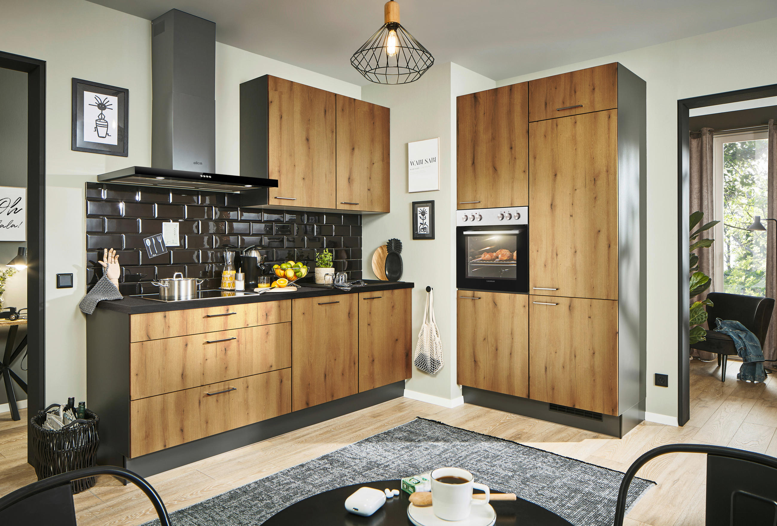 ECKKÜCHE 220/120 cm  in Graphitfarben, Schwarz, Eiche dunkel  - Eiche dunkel/Eichefarben, Design, Holzwerkstoff/Metall (220/120cm) - Xora