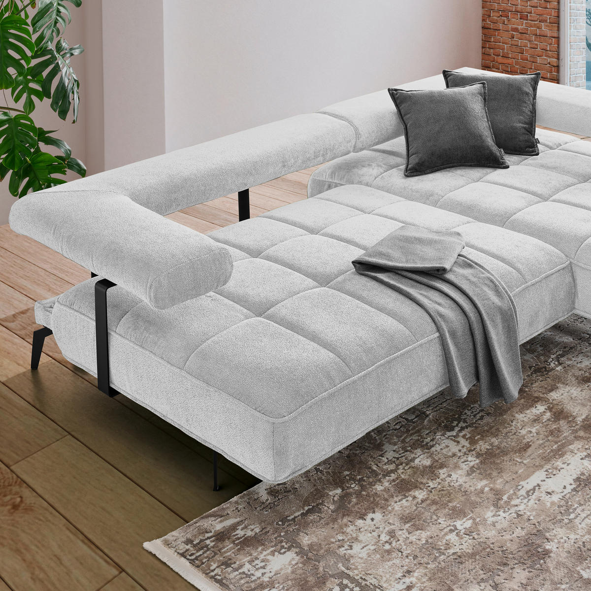 ECKSOFA Hellgrau Webstoff  - Hellgrau/Schwarz, Design, Textil/Metall (266/180cm) - Welnova