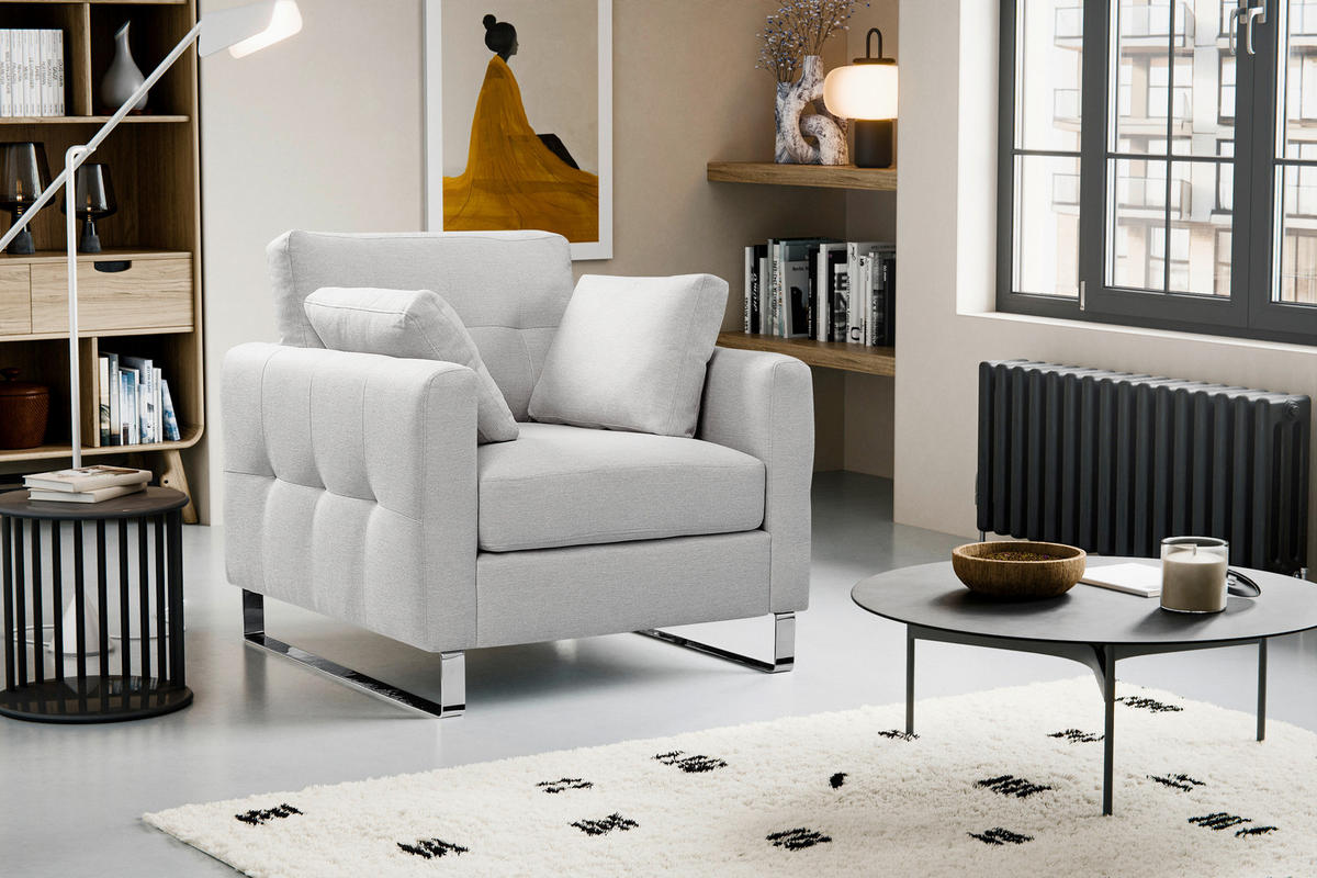 1,5-SITZER HERA Flachgewebe Hellgrau  - Chromfarben/Hellgrau, Basics, Textil/Metall (93cm) - MID.YOU