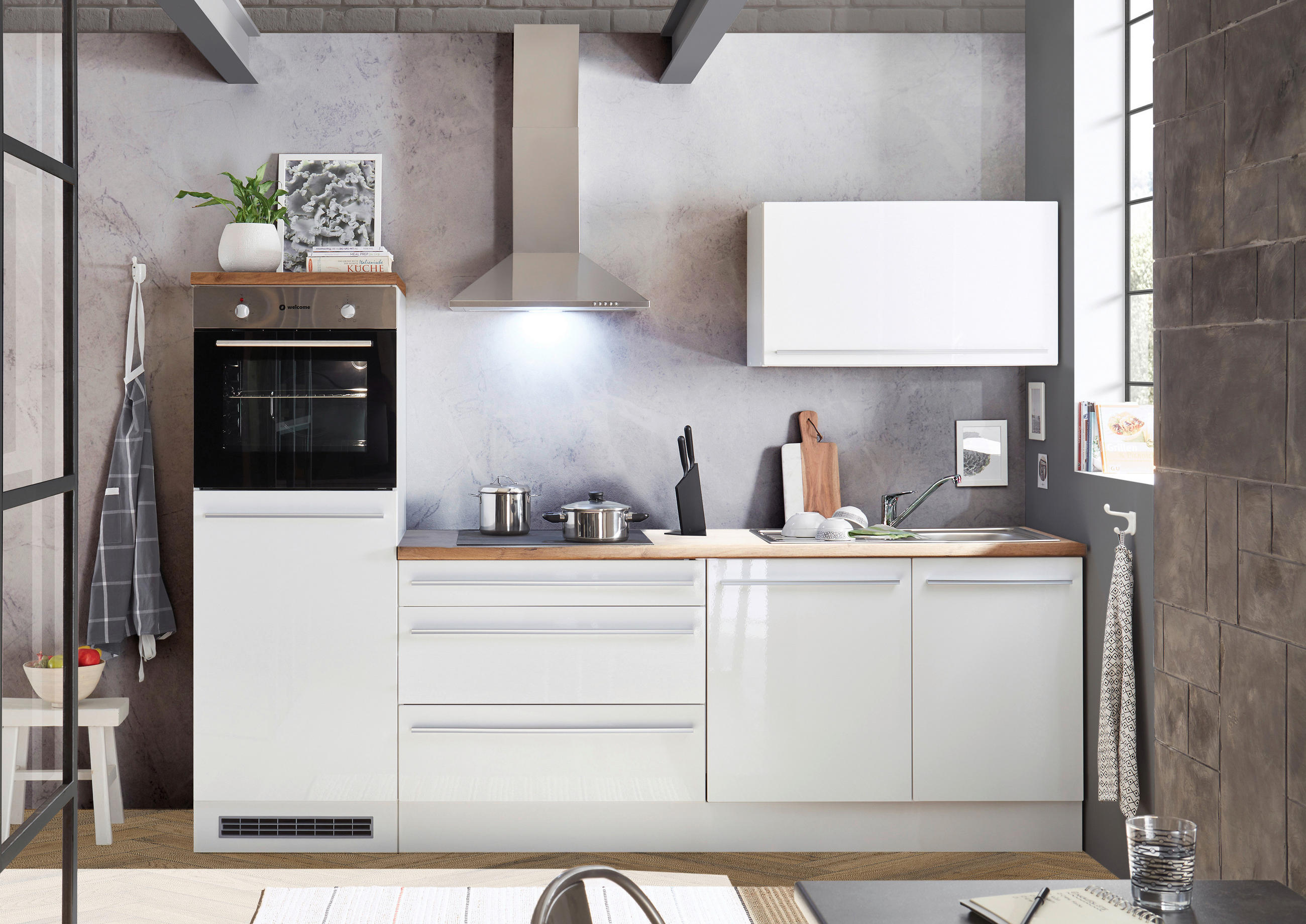 KÜCHENLEERBLOCK 260 cm   in Weiß, Weiß Hochglanz  - Weiß Hochglanz/Eichefarben, Basics, Holzwerkstoff/Kunststoff (260cm) - MID.YOU