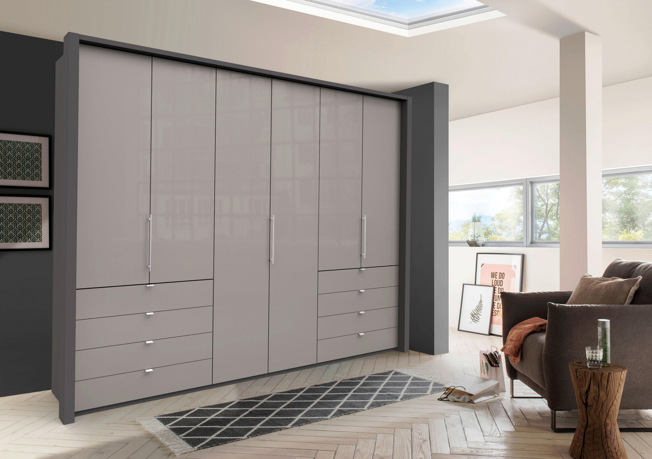 FALTTÜRENSCHRANK 300/236/58 cm 3-türig Dunkelgrau, Hellgrau  - Chromfarben/Dunkelgrau, KONVENTIONELL, Glas/Holzwerkstoff (300/236/58cm) - Venda