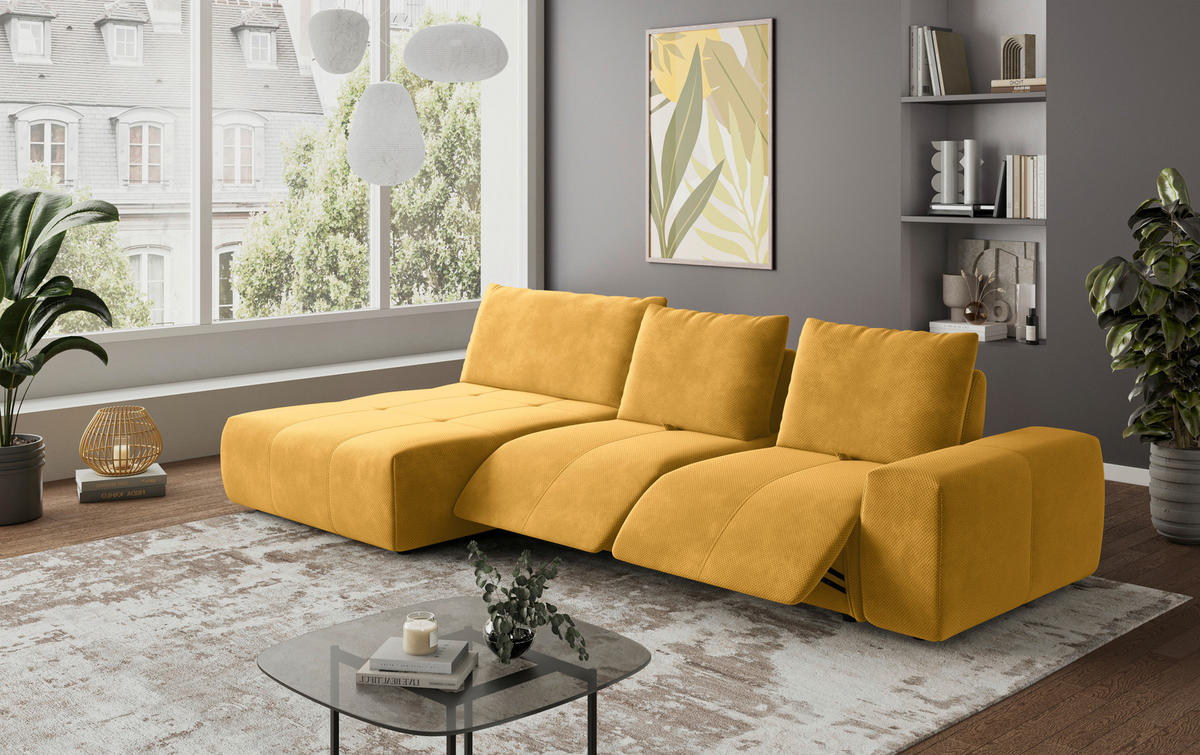 ECKSOFA in Velours Currygelb  - Currygelb/Schwarz, Design, Kunststoff/Textil (174/347cm) - Xora