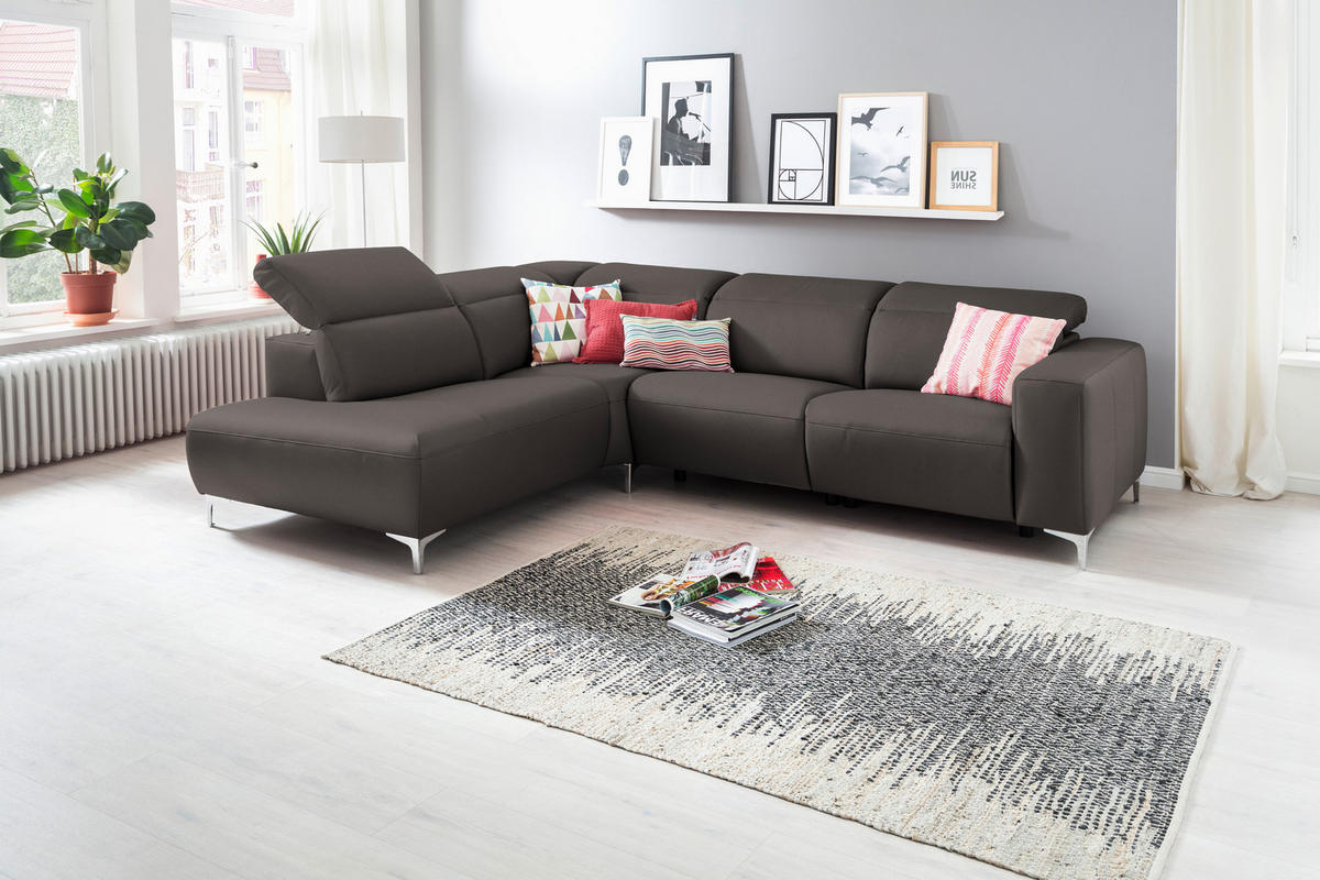 ECKSOFA in Echtleder Grau  - Chromfarben/Grau, Design, Leder/Metall (223/290cm) - Pure Home Lifestyle