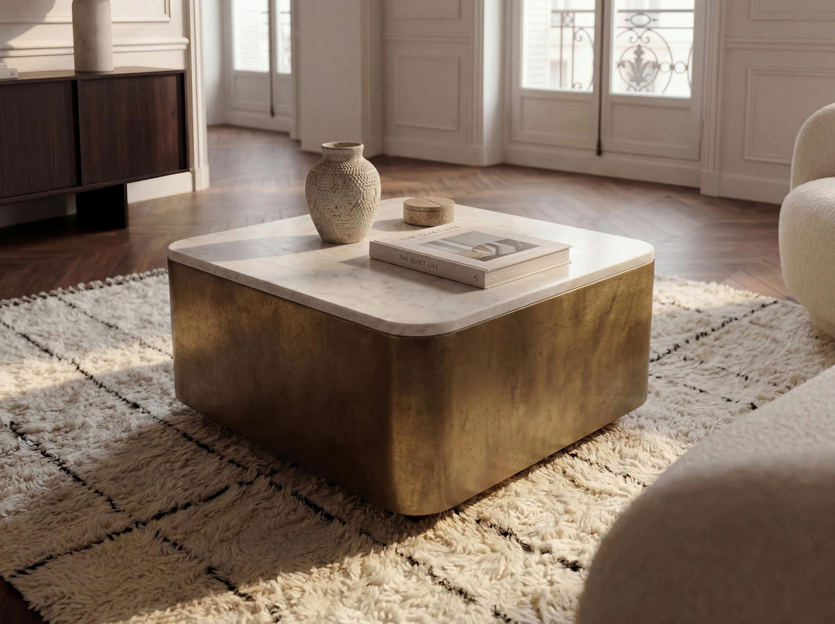 COUCHTISCH in Metall 60/60/34 cm  - Goldfarben/Weiß, Design, Stein/Metall (60/60/34cm) - MID.YOU