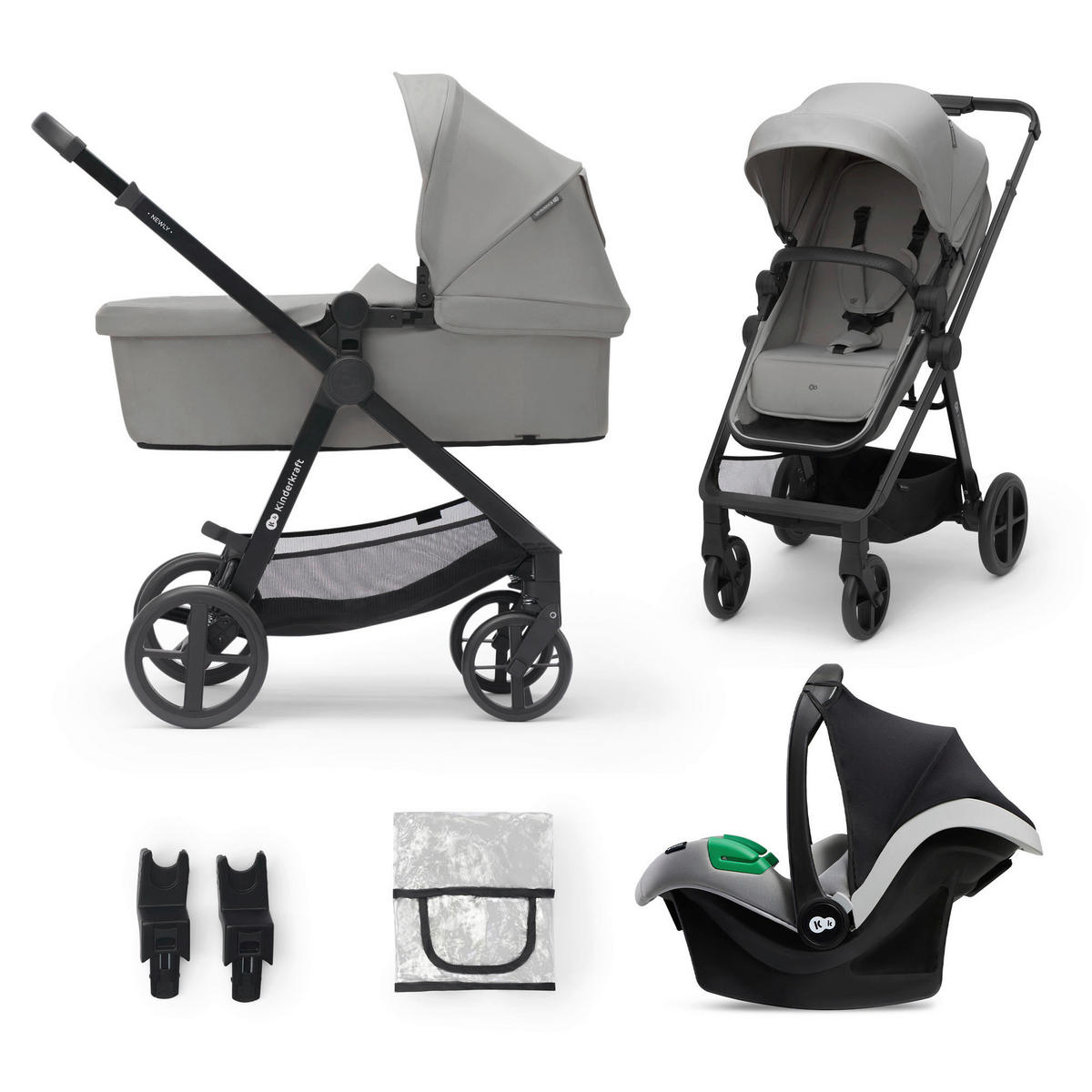 KINDERWAGENSET Newly 4 in 1  - Hellgrau/Schwarz, Basics, Metall (54/100/94cm) - kinderkraft