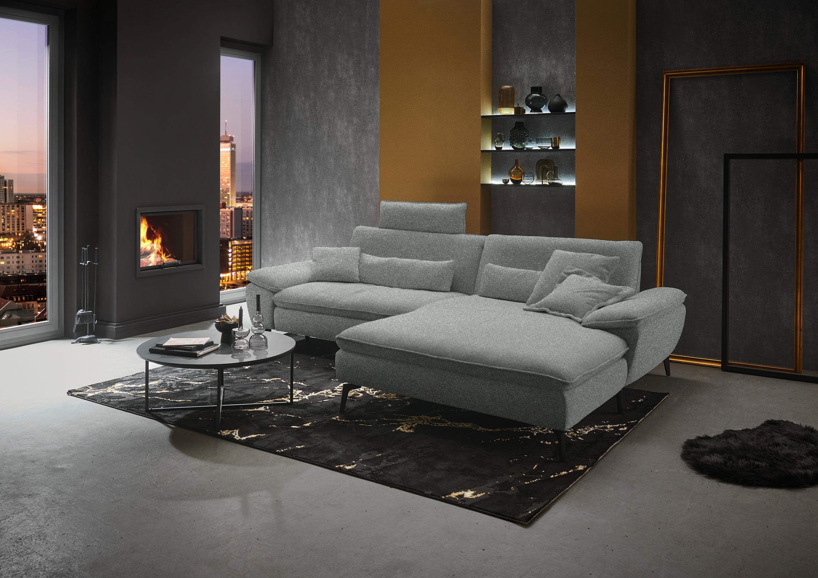ECKSOFA in Webstoff Grau  - Schwarz/Grau, Design, Textil/Metall (295/197cm) - Valdera