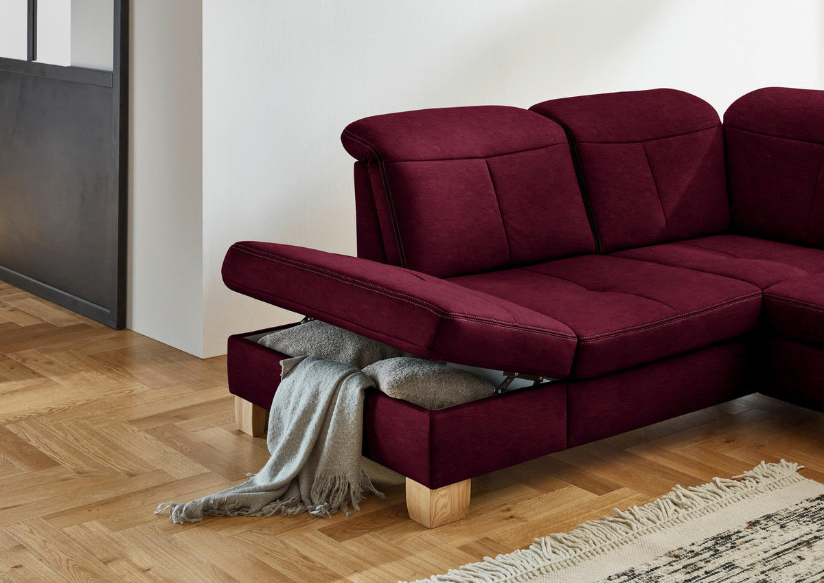 WOHNLANDSCHAFT Bordeaux Mikrofaser  - Wildeiche/Bordeaux, KONVENTIONELL, Holz/Textil (243/343/185cm) - Voleo
