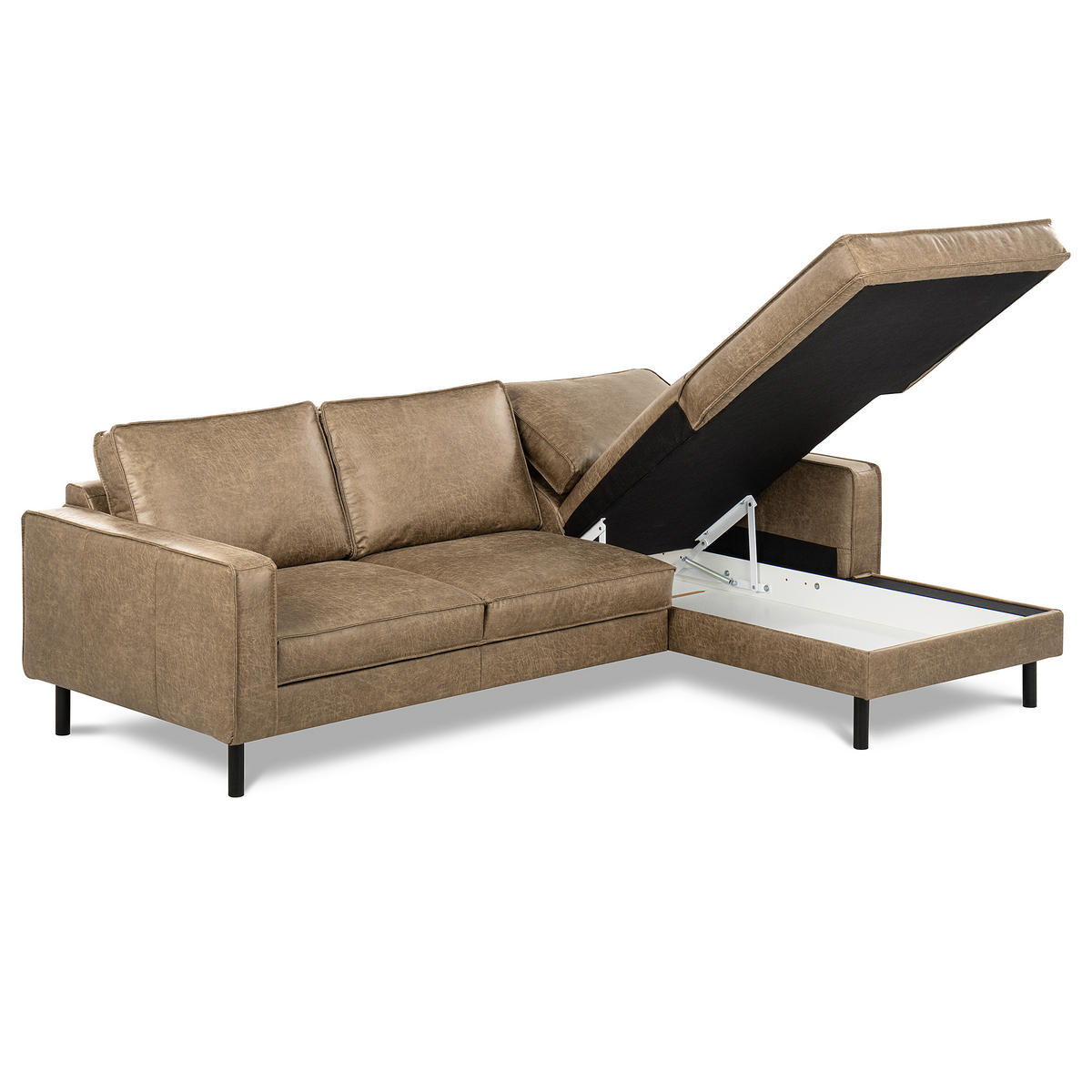 ECKSOFA Graubraun Echtleder Lederlook Bettkasten, Schlaffunktion, Rücken echt  - Graubraun/Schwarz, Design, Leder/Textil (166/238cm) - Livetastic