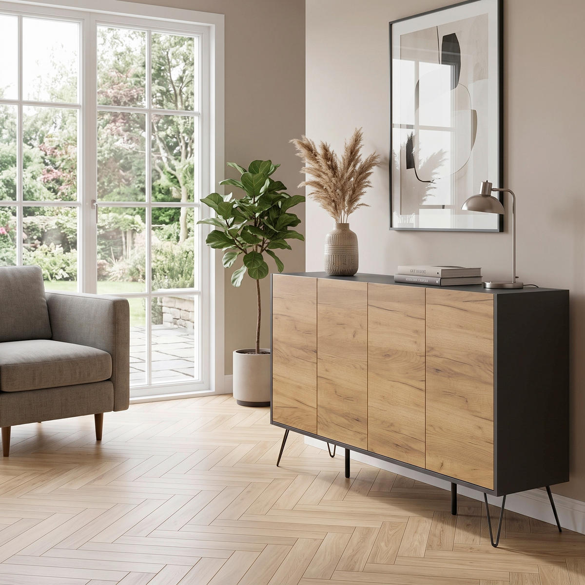 SIDEBOARD Posseik Industrial 155/93,6/42 cm  - Eichefarben/Graphitfarben, Design, Holzwerkstoff/Metall (155/93,6/42cm) - MID.YOU