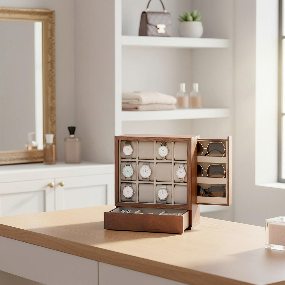 UHRENBOX - Nussbaumfarben, Trend, Holzwerkstoff/Textil (29.5/32.5/15cm) - Boxxx