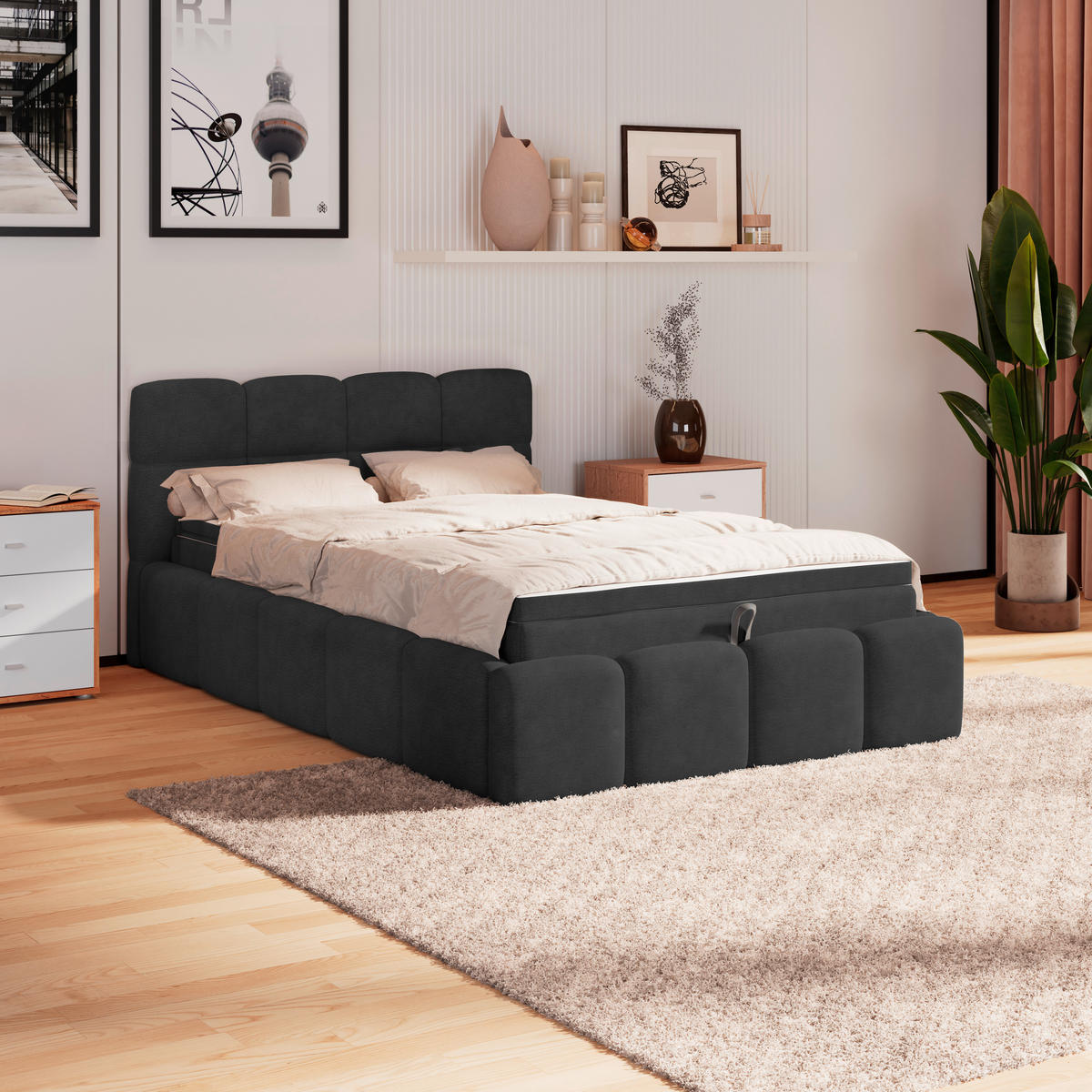 POLSTERBETT 120/200 cm,  in Schwarz, Matratze, Bettkasten, H3 = fest  - Schwarz/Weiß, Trend, Kunststoff/Textil (120/200cm)