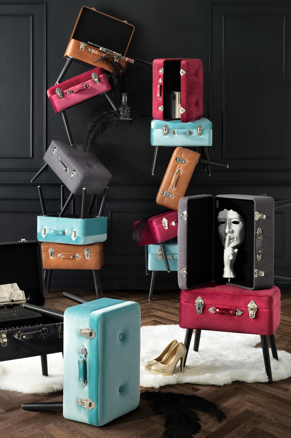 HOCKER Samt Kiefer Schwarz, Bordeaux  - Bordeaux/Schwarz, Trend, Holz/Textil (50/46/35cm) - Xora