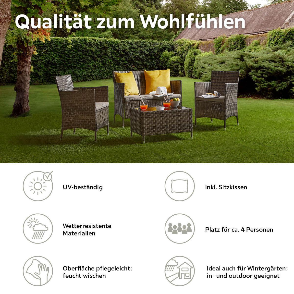 LOUNGEGARNITUR 4-teilig   Stahl  - Dunkelbraun/Creme, MODERN, Glas/Kunststoff - Ondega
