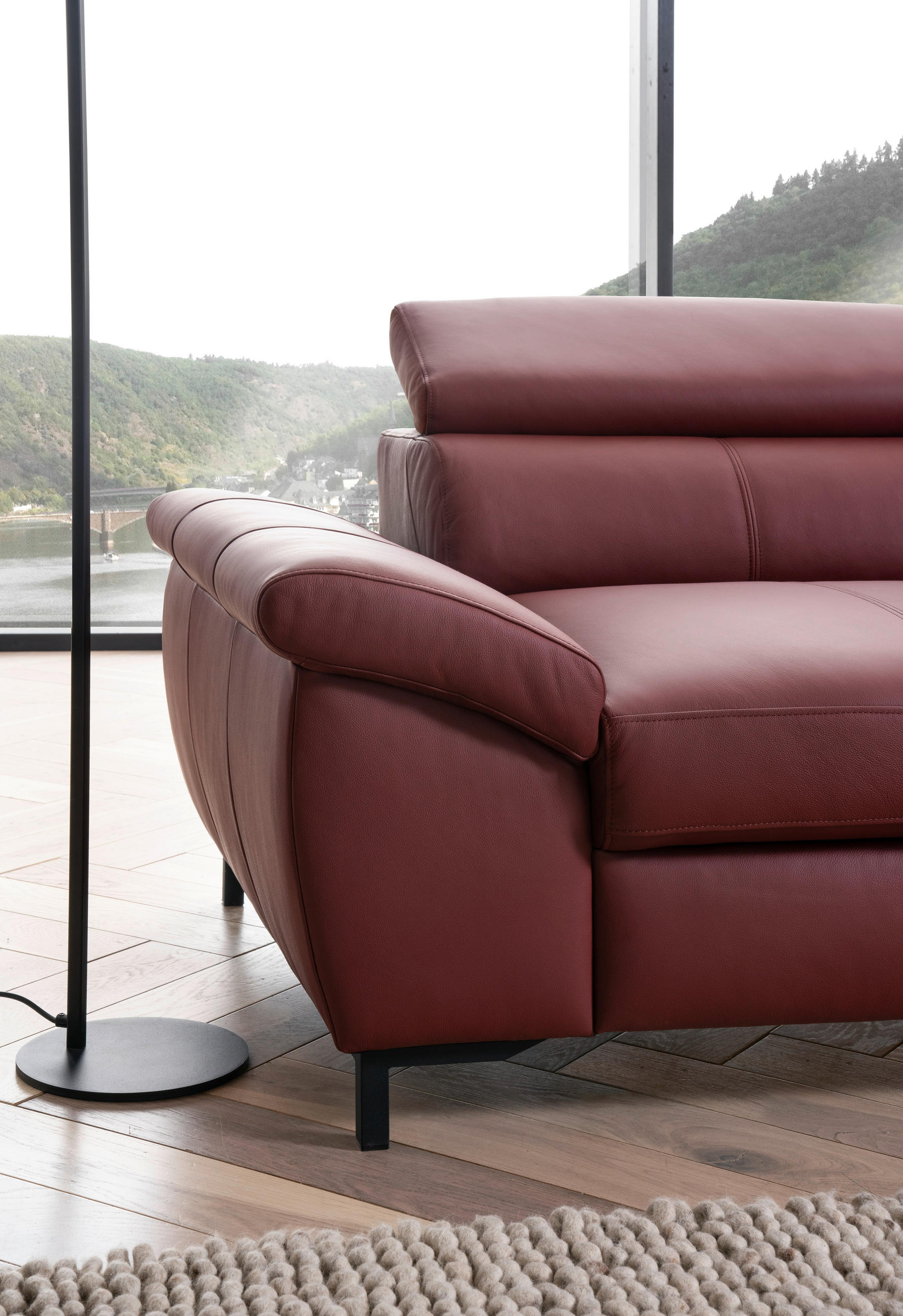 Thumbnail - Stylife Ecksofa, Bordeaux, Leder, Echtleder, Rindleder, 3-Sitzer, Ottomane rechts, L-Form, 268x213 cm, Goldenes M, Bettk...