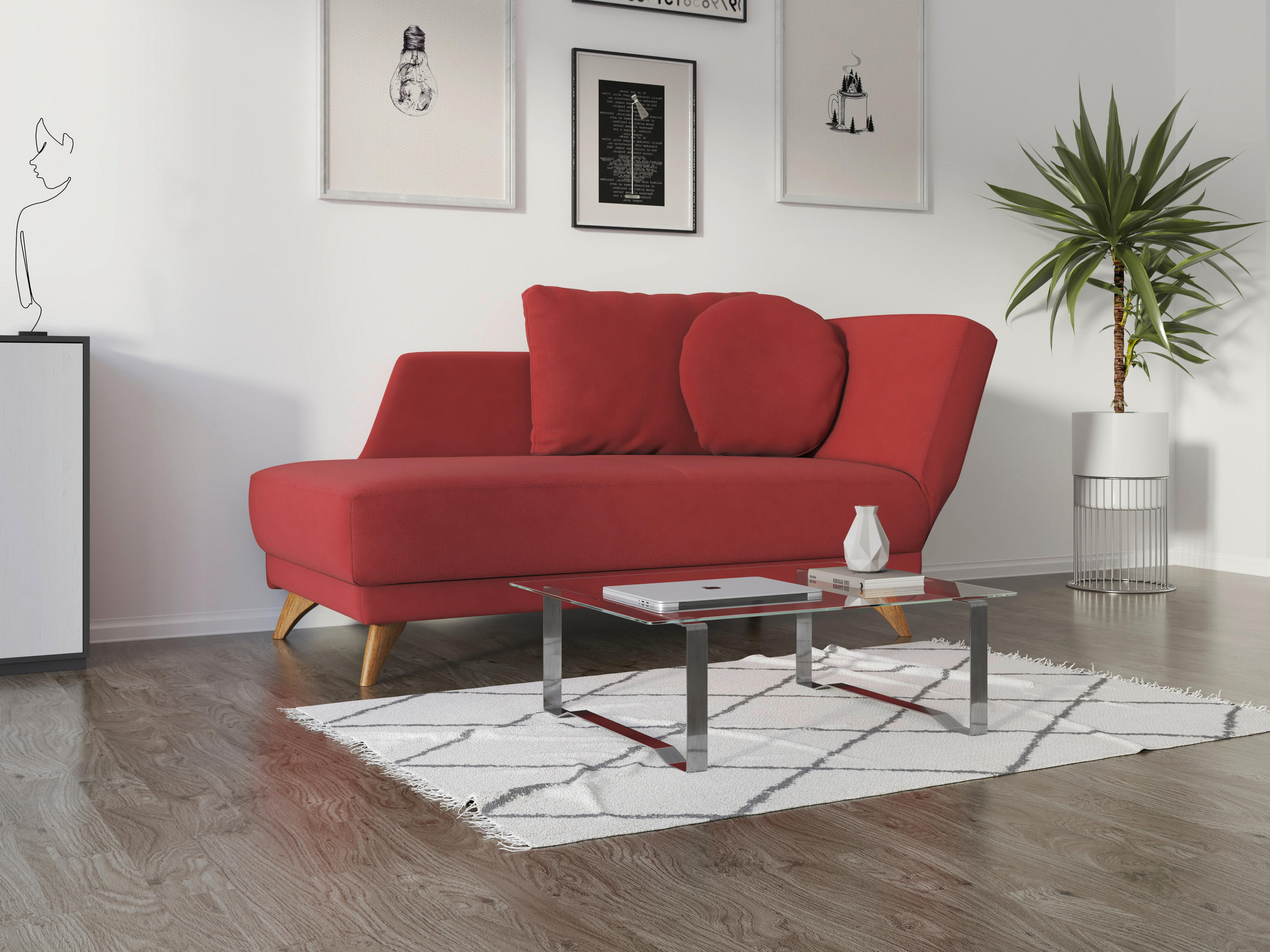 RÉCAMIERE in Flachgewebe Rot  - Eichefarben/Rot, Modern, Holz/Textil (205/74-87/94cm) - Bali