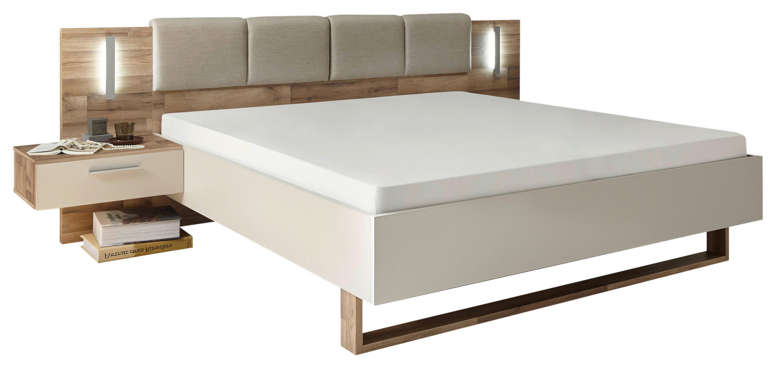 SET KREVETA I NOĆNIH ORMARIĆA   180/200 cm   boje hrasta, boje šampanjca  - boje hrasta/boje šampanjca, Moderno, drvni materijal (180/200cm) - MID.YOU
