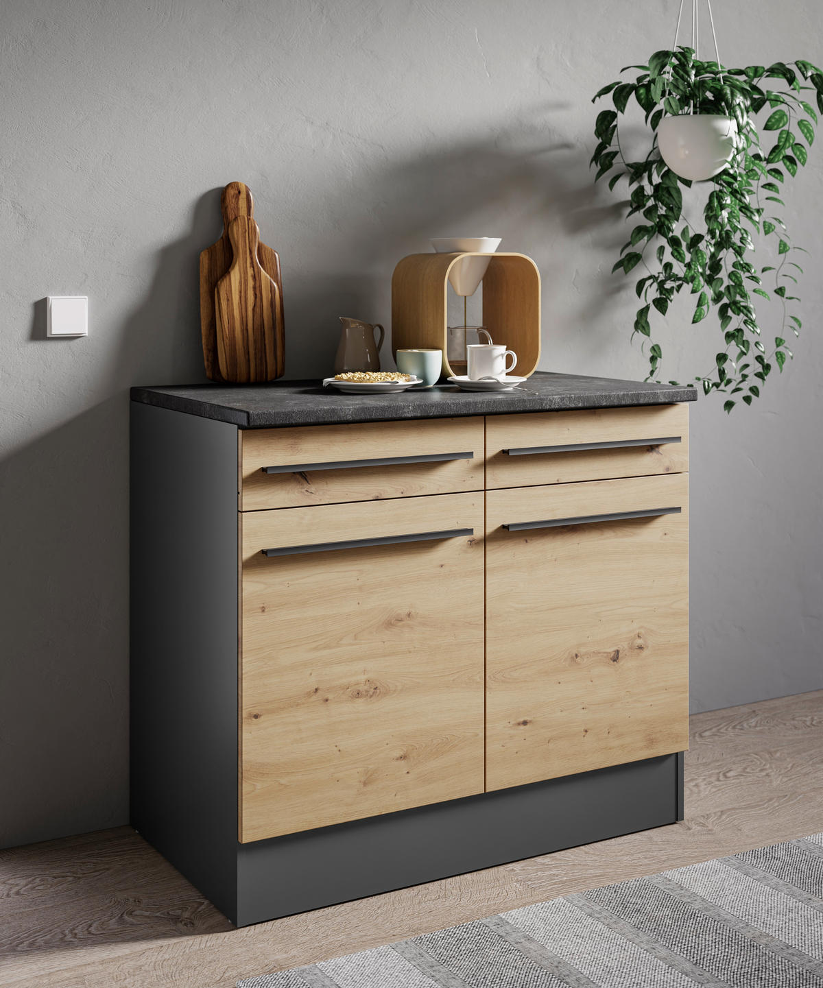 KÜCHENUNTERSCHRANK 100/90/60 cm  in Anthrazit, Eiche Artisan  - Anthrazit/Schwarz, Design, Holzwerkstoff (100/90/60cm) - P & B