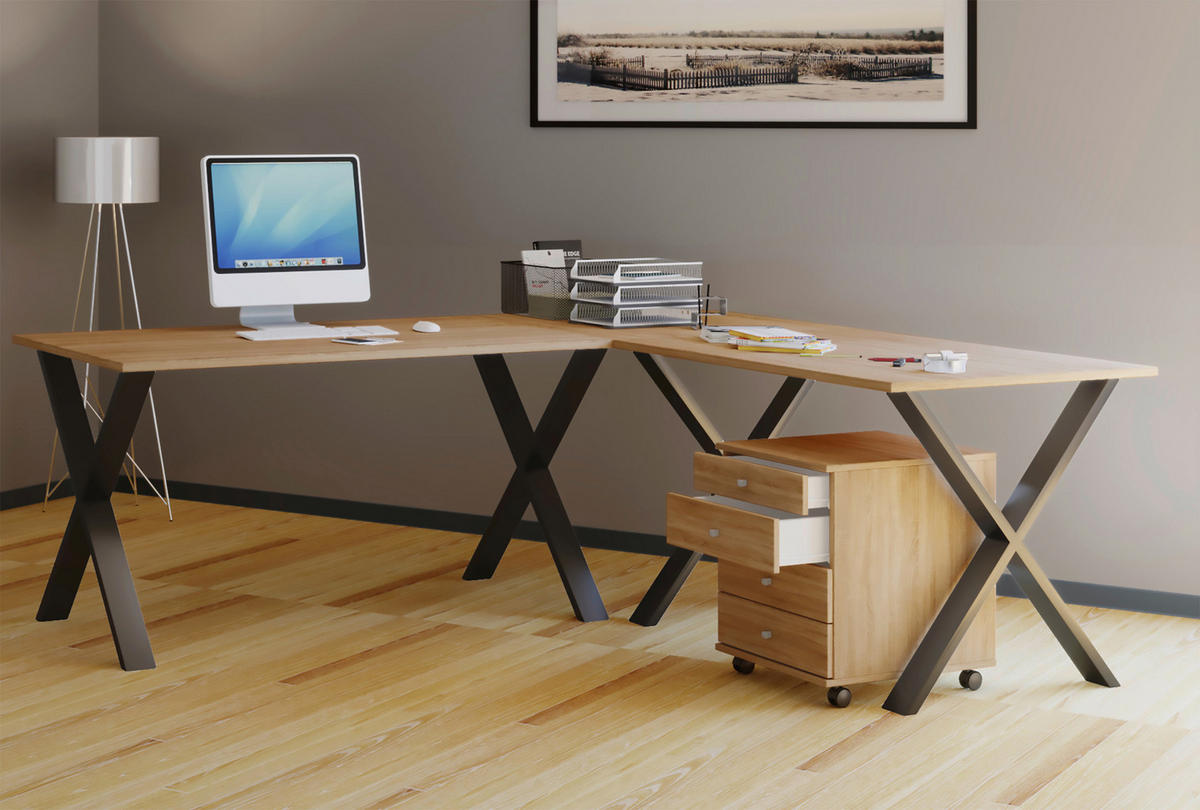 ECKSCHREIBTISCH 160/160/76 cm  in Schwarz, Sonoma Eiche  - Schwarz/Sonoma Eiche, MODERN, Holzwerkstoff/Metall (160/160/76cm) - MID.YOU