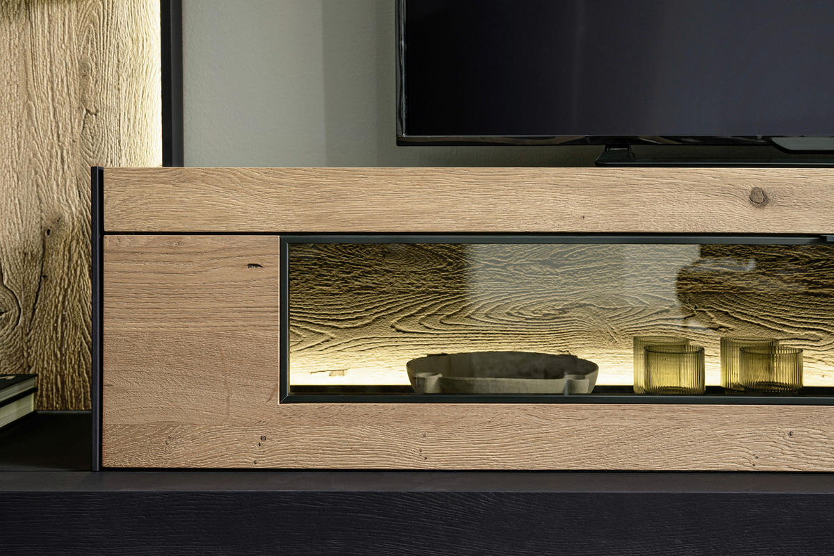 WOHNWAND YORIS  in Anthrazit, Eichefarben  300/205/49 cm  - Eichefarben/Anthrazit, KONVENTIONELL, Glas/Holz (300/205/49cm) - Schöner Wohnen