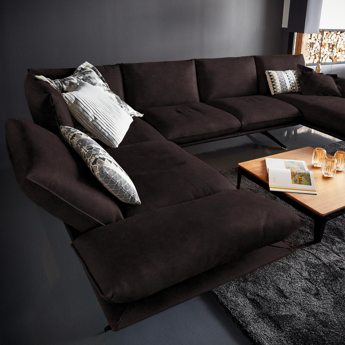 WOHNLANDSCHAFT in Echtleder Dunkelbraun  - Dunkelbraun/Schwarz, Natur, Leder/Metall (217/359/155cm) - Dieter Knoll