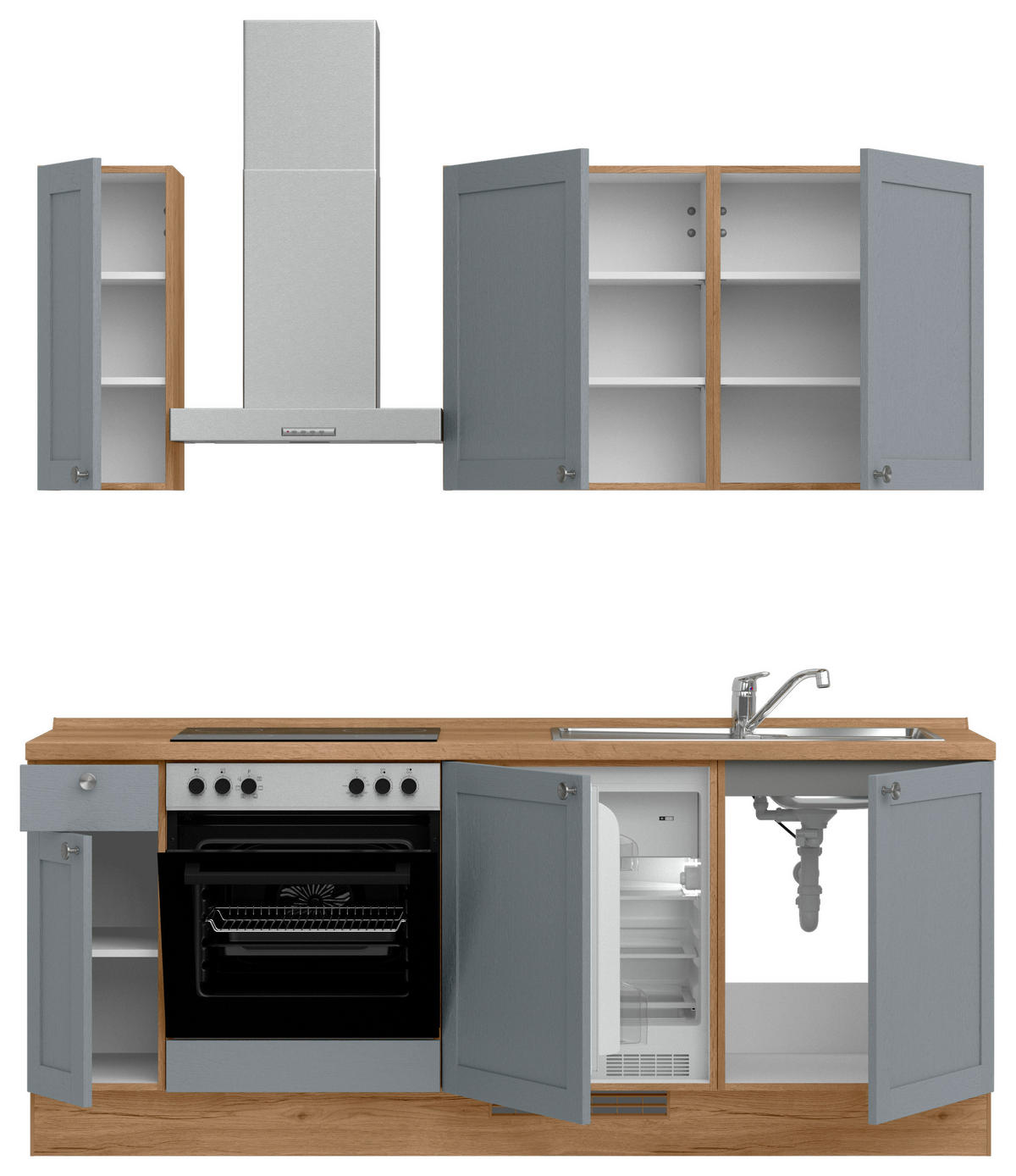 KÜCHENLEERBLOCK Frame 210 cm  in Eichefarben, Blaugrau  - Edelstahlfarben/Eichefarben, MODERN, Holzwerkstoff/Metall (210cm) - Nobilia