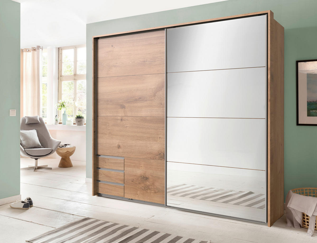 FÜGGESZTETT TOLÓAJTÓS SZEKRÉN tölgyfa  - alumínium színű/tölgyfa, Basics, faalapú anyag/Üveg (225/210/65cm) - Carryhome