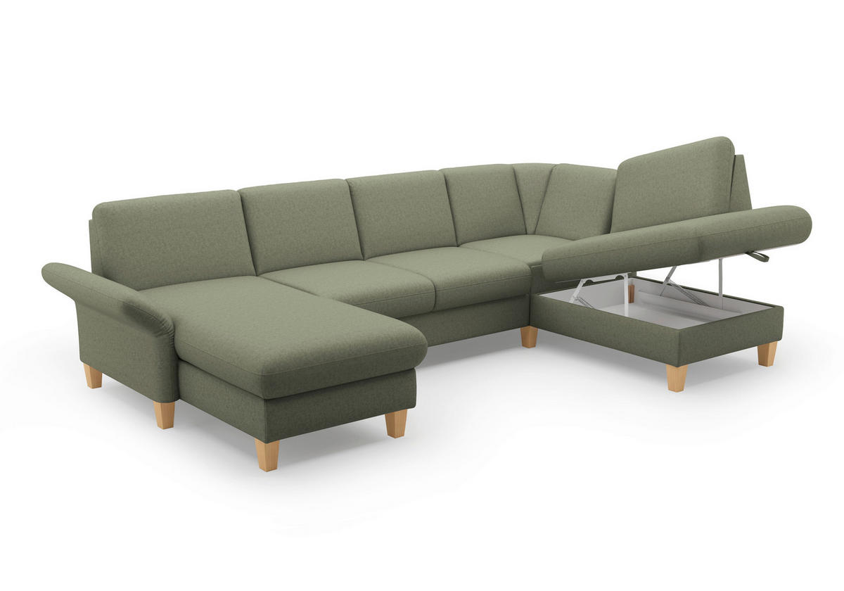 WOHNLANDSCHAFT Olivgrün Flachgewebe  - Eichefarben/Olivgrün, KONVENTIONELL, Holz/Textil (164/314/195cm) - Sit & More
