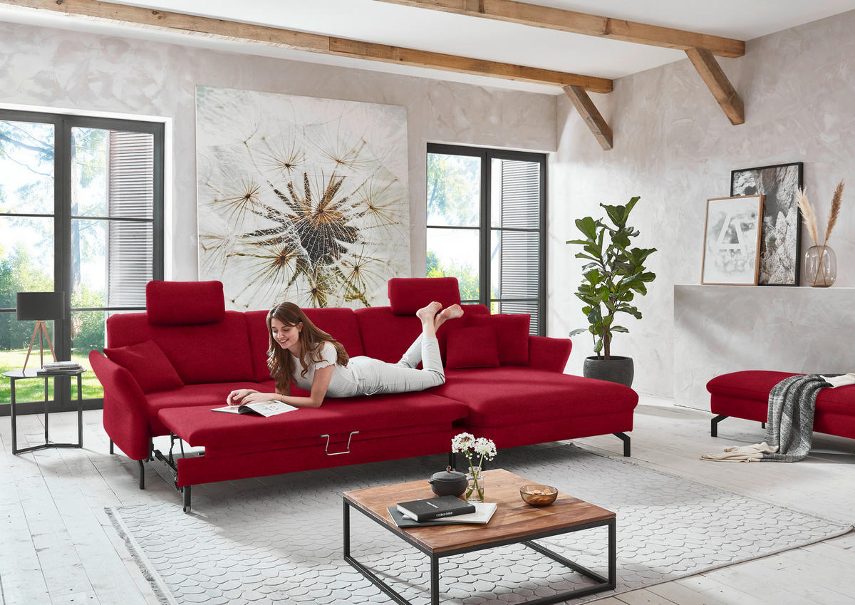 ECKSOFA in Velours Rot  - Rot/Schwarz, Design, Textil/Metall (306/179cm) - Beldomo System