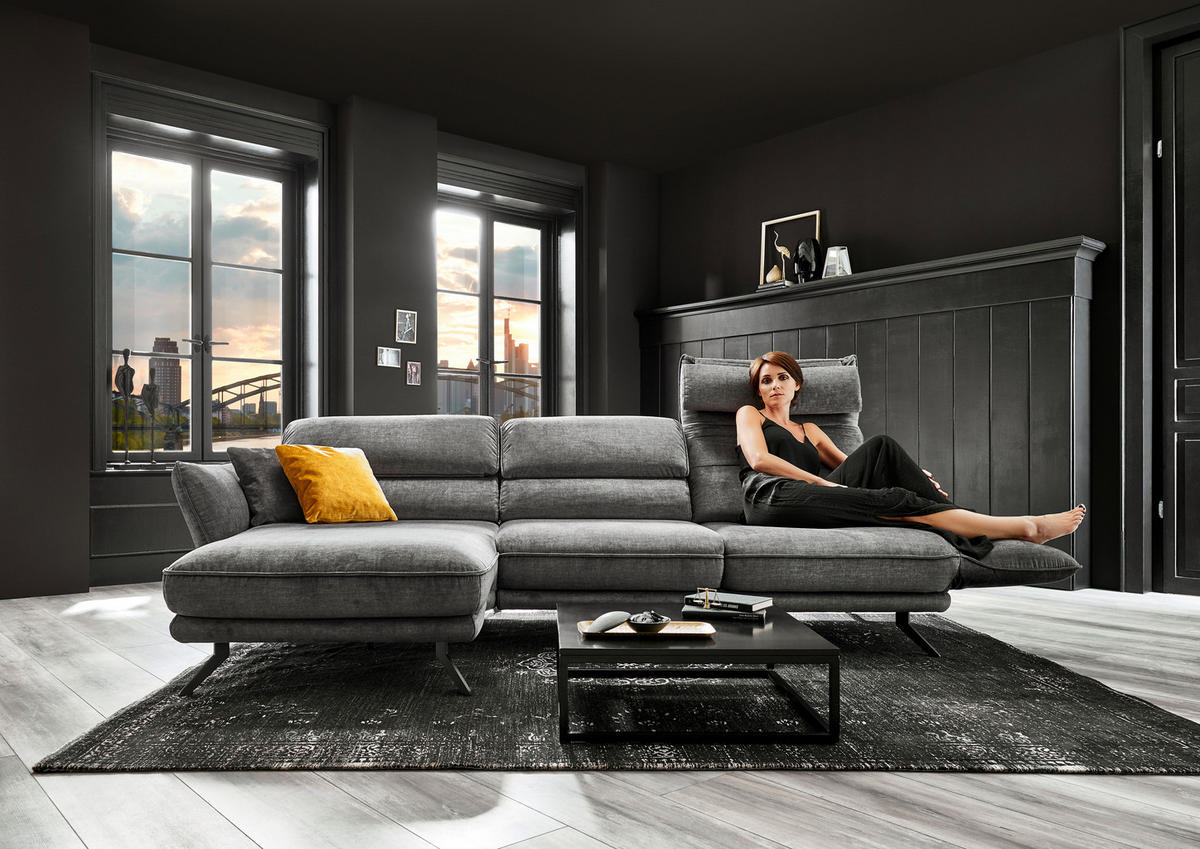 ECKSOFA in Velours Silberfarben  - Silberfarben/Schwarz, Design, Textil/Metall (153/283cm) - Valdera
