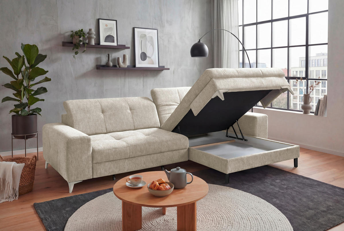 ECKSOFA SORELLA Creme Chenille Kopfteilverstellung, Sitztiefenverstellung  - Kaschmir/Creme, Design, Kunststoff/Textil (328/182cm) - MID.YOU