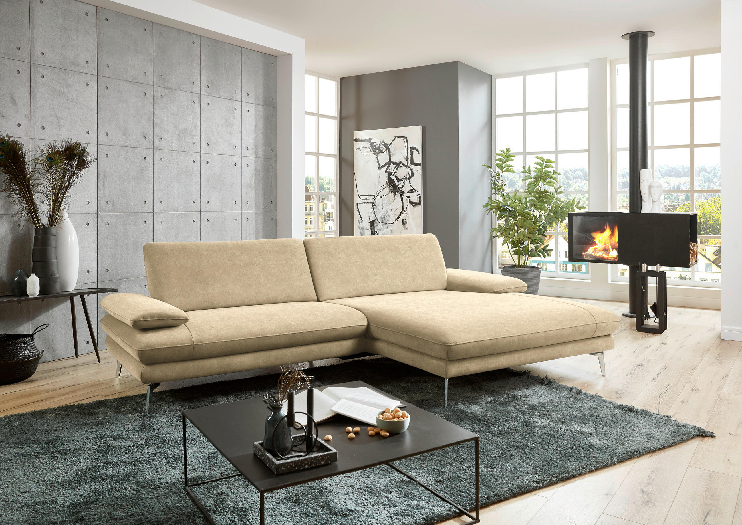ECKSOFA in Velours Cappuccino  - Schwarz/Cappuccino, Design, Textil/Metall (284/184cm) - Dieter Knoll