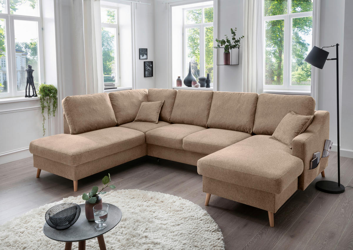 WOHNLANDSCHAFT in Chenille Hellbraun  - Hellbraun/Naturfarben, KONVENTIONELL, Holz/Textil (200/301/150cm) - Livetastic