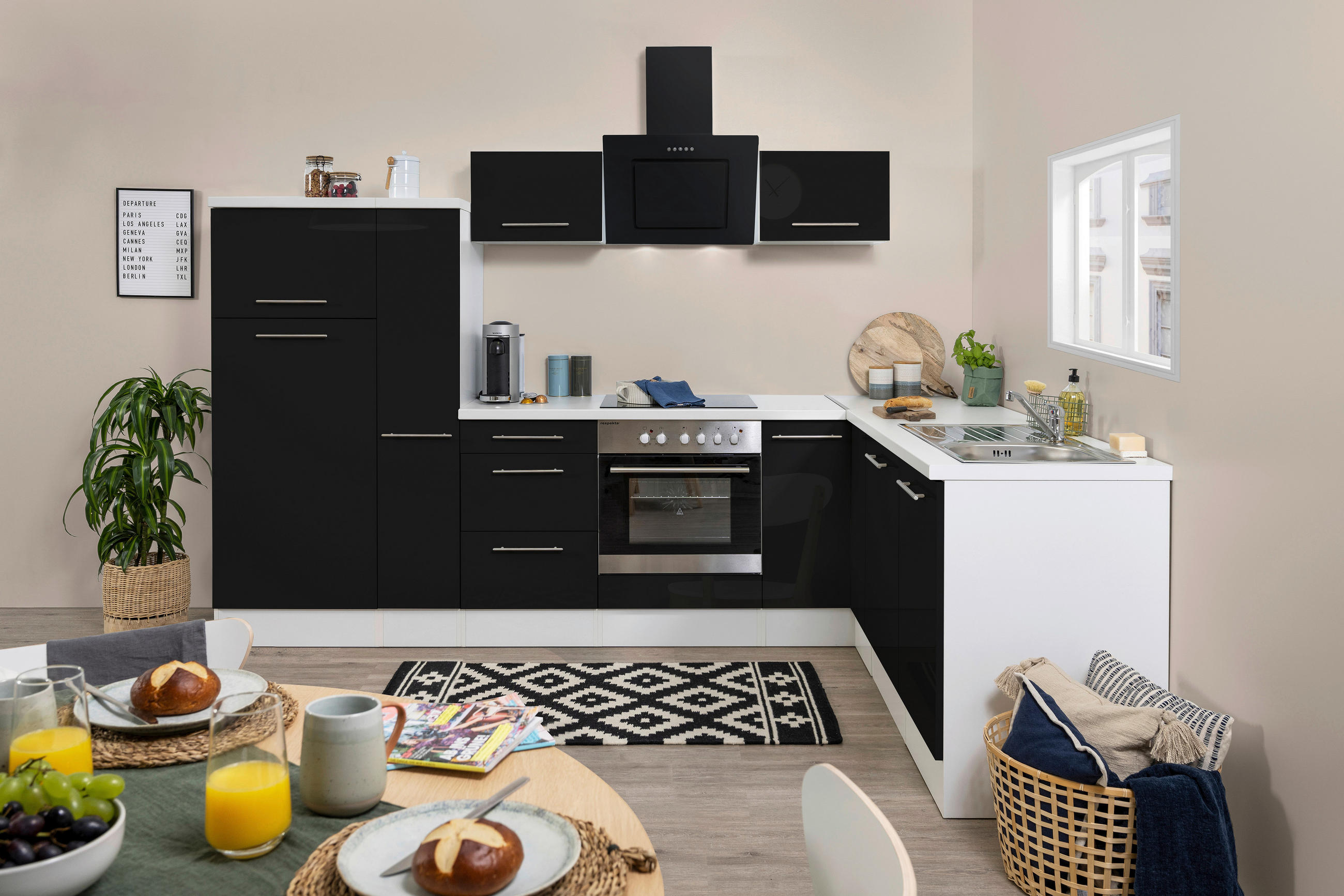 ECKKÜCHE 290/200 cm in Schwarz, Weiß - Edelstahlfarben/Schwarz, KONVENTIONELL, Metall (290/200cm) - Respekta