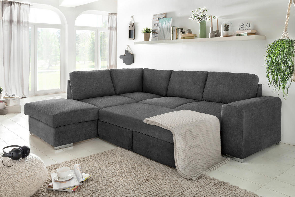 ECKSOFA in Mikrofaser Dunkelgrau  - Chromfarben/Dunkelgrau, Konventionell, Textil/Metall (213/248cm) - MID.YOU