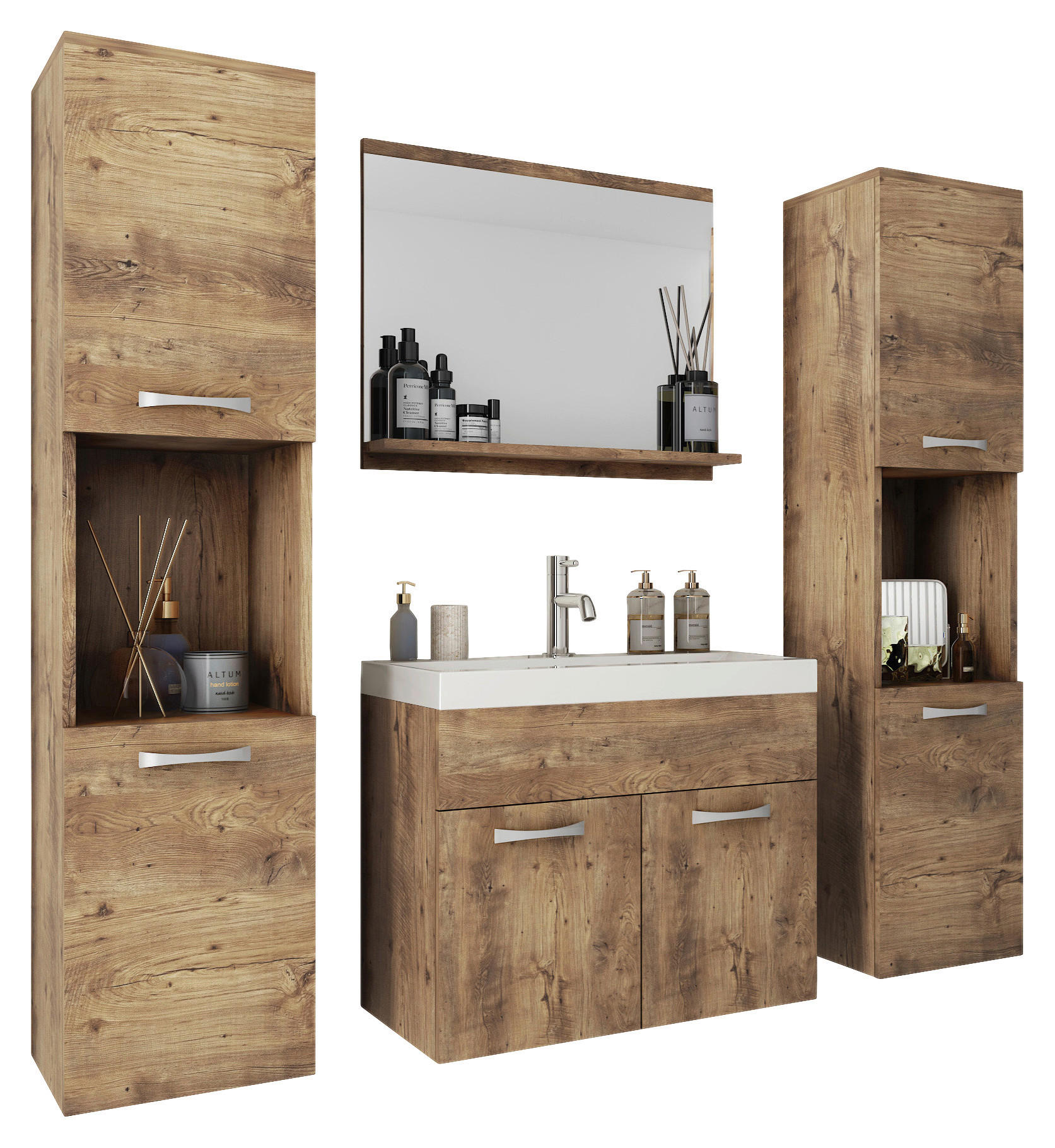 Thumbnail - P & B Badezimmer, Kastanien, Metall, 5-teilig, 8 Fächer, 120 cm, Fsc, hängend, Spiegel mit Ablage, Badezimmer, Badmöbels...