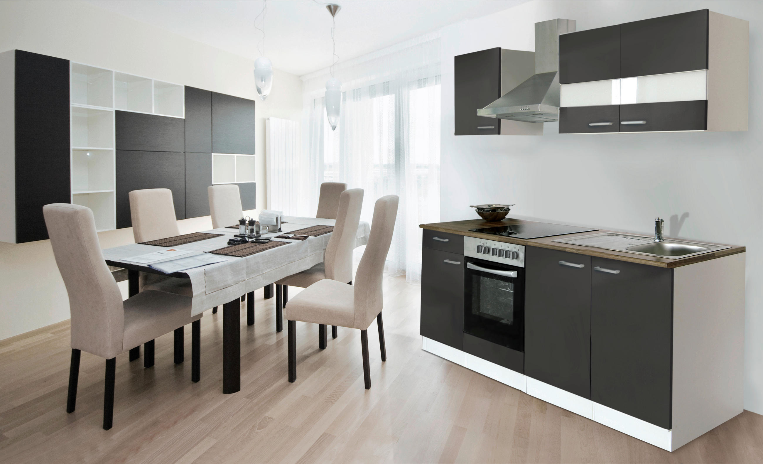 KÜCHENBLOCK 210 cm   in Grau  - Edelstahlfarben/Nussbaumfarben, Basics, Holzwerkstoff/Metall (210cm) - Respekta