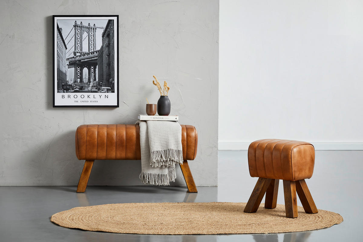 HOCKER Echtleder Mangoholz Braun  - Naturfarben/Braun, LIFESTYLE, Leder/Holz (42/45/35cm) - Livetastic