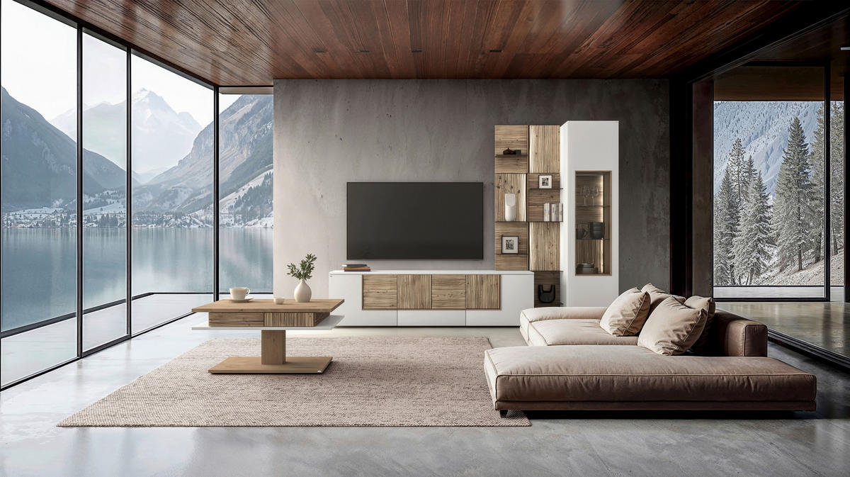 WOHNWAND  in Weiss, Wildeiche 272/196/50 cm  - Wildeiche/Weiss, Design, Glas/Holz (272/196/50cm) - Voglauer