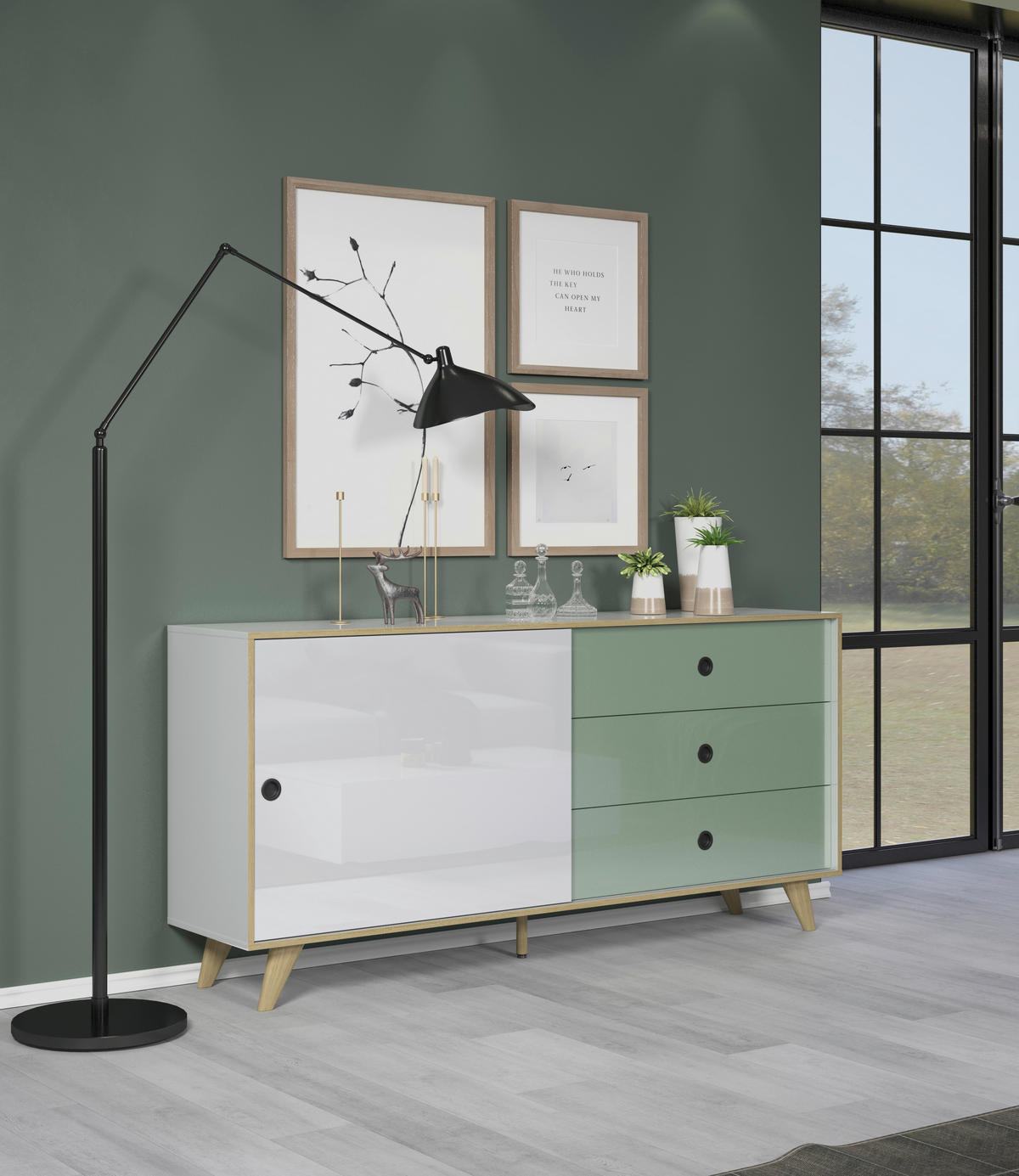 SIDEBOARD Grün, Eichefarben, Weiß Hochglanz  180/86/40 cm  - Eichefarben/Weiß Hochglanz, MODERN, Holzwerkstoff/Kunststoff (180/86/40cm) - Boxxx