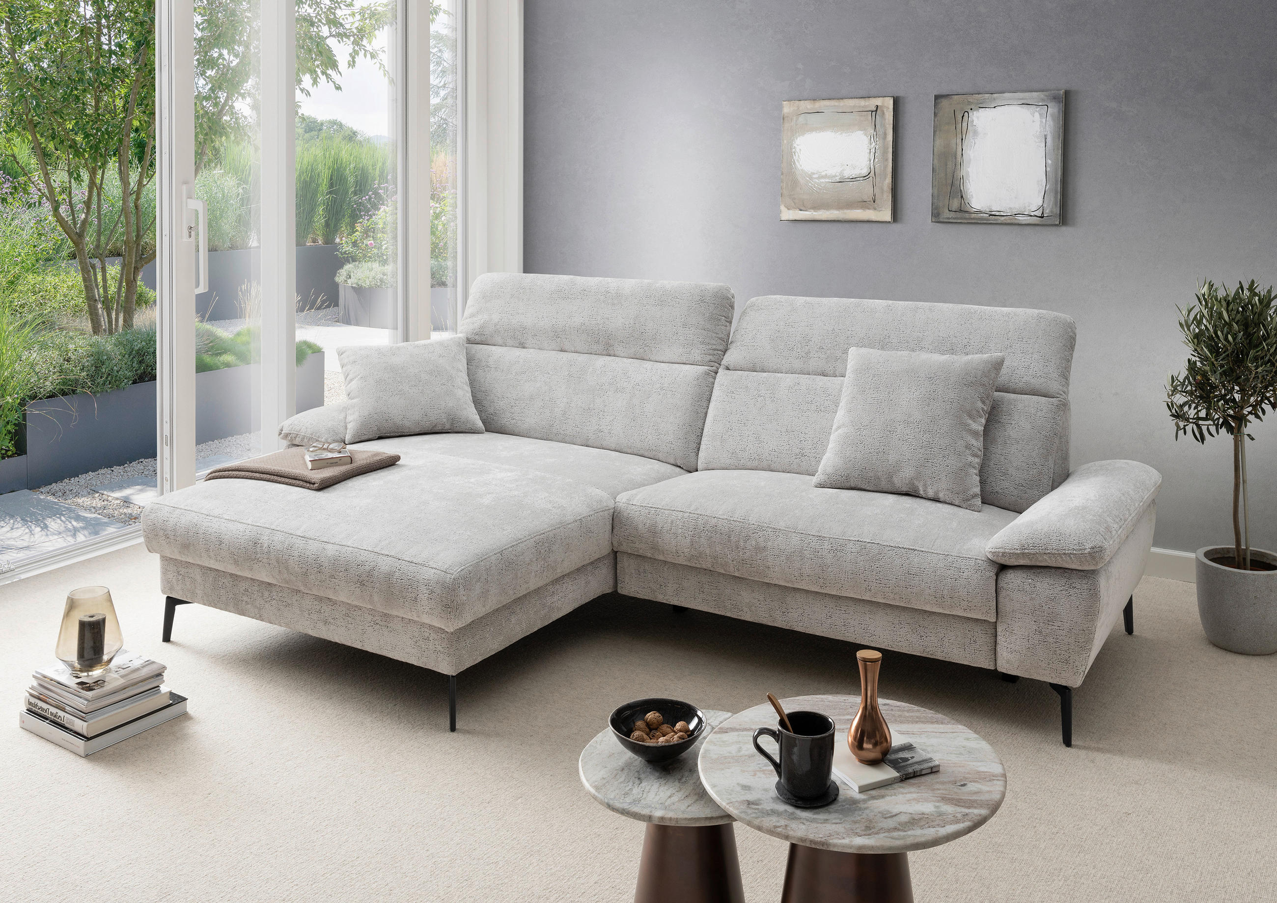 ECKSOFA CANCELLI Silberfarben Struktur Zierkissen, Kopfteilverstellung  - Silberfarben/Schwarz, KONVENTIONELL, Textil/Metall (178/300cm) - Livetastic